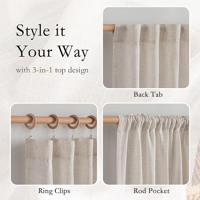 MYSKY HOME Linen Curtains for Living Room 96 Inches Long, Semi Sheer Curtains & Drapes 2 Panels Set Natural Floor to Ceiling Curtain Farmhouse Country Home Decor for Sliding Glass Door, 50" Wide