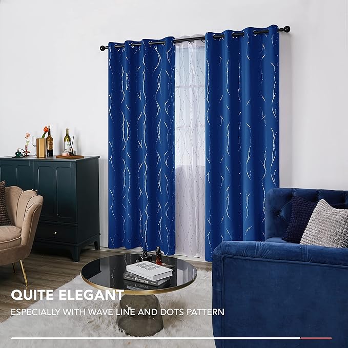 Deconovo Blackout Curtains, 52 x 54 Inch Drapes for Kitchen with Wave Dots Silver Print, Soundproof Thermal Insulated Window Curtain for Small Windows Nursery, Set of 2, Machine Washable, Royal Blue