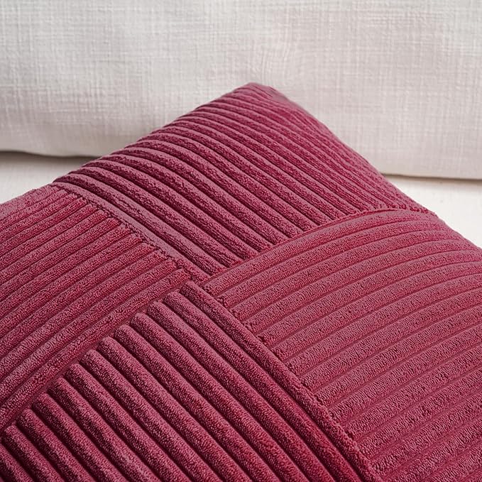 Fancy Homi 2 Packs Burgundy Red Decorative Throw Pillow Covers 20x20 Inch for Living Room Couch Bed Sofa, Farmhouse Boho Home Decor, Soft Corss Corduroy Patchwork Accent Cushion Case 50x50 cm