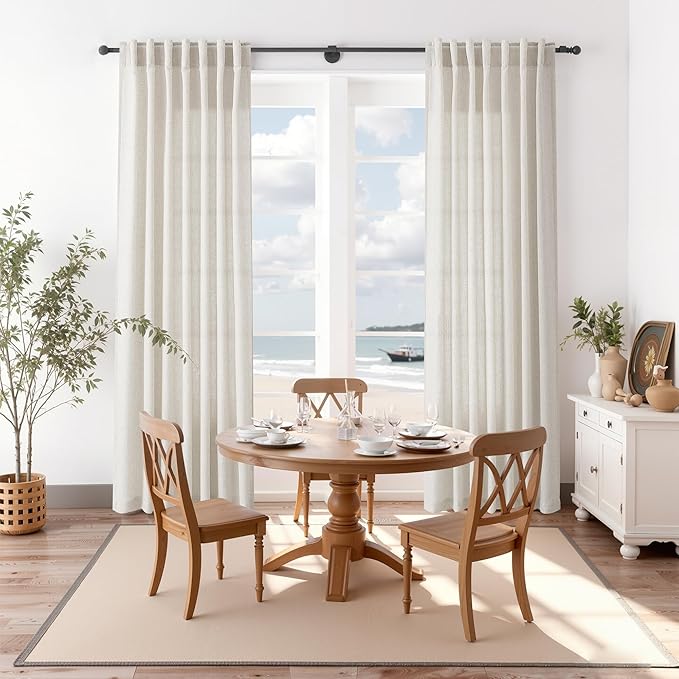 Nanspring Pearl White Linen Curtains 84 Inches Long for Living Room Light Filtering Semi Sheer Curtain Back Tab and Rod Pocket Coastal Decor Elegant Neutral Luxury Drapes for Bedroom 52x84, 2 Panels