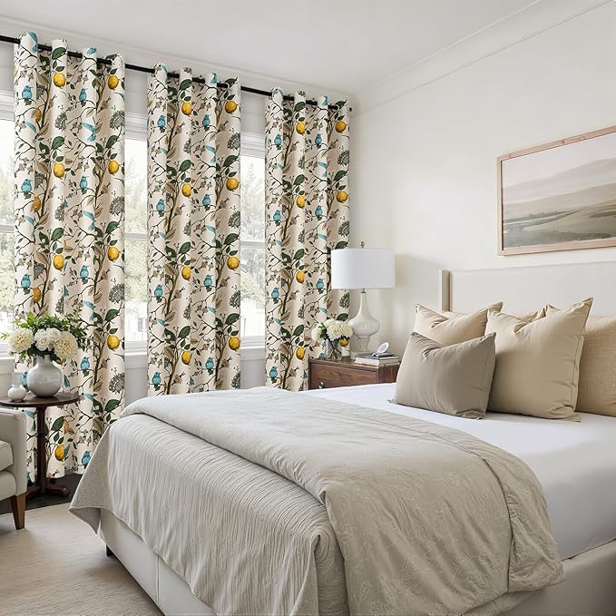 Topfinel Floral Curtains 96 Inches Long 2 Panels Unique Beige Luxury Elegant Colorful Euro Flower Hummingbird Patterned Rustic Vintage Grommet Drapes for Classroom Room Office Closet 52x96