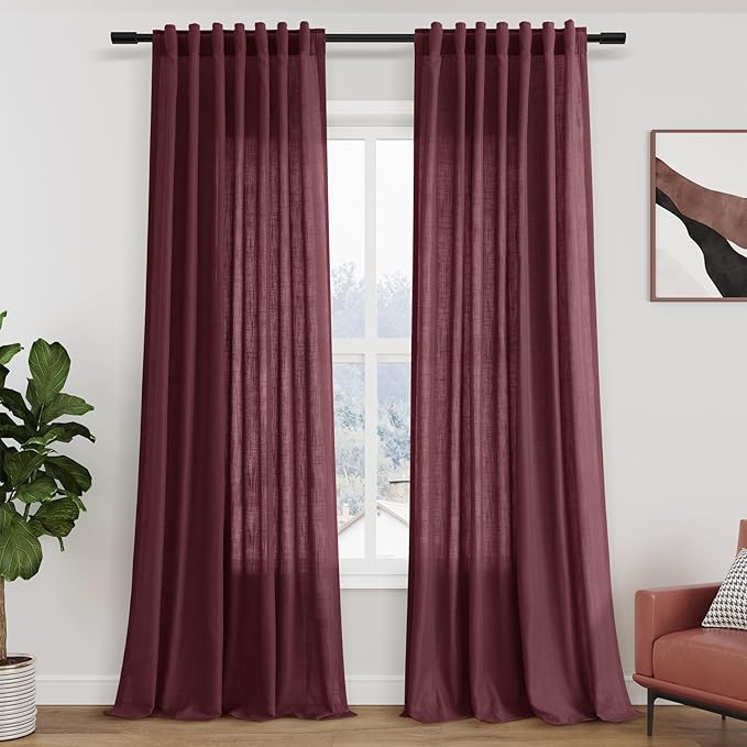 Burgundy Linen Curtains 90 Inch Long 2 Panels Set for Bedroom Living Room Linen Textured Window Drapes Semi Sheer Light Filtering Rod Pocket Back Tab Cotton Textured Farmhouse Curtain 52x90