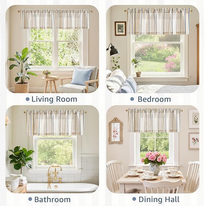 jinchan Valance Curtain Linen Textured Striped Window Curtain for Living Room Light Filtering Farmhouse Valance for Kitchen Rod Pocket 1 Panel 16 Inch Multi Blue on Linen 1 Panel