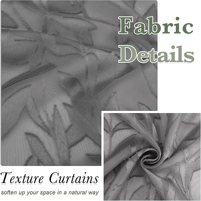 Lecloud Leia Charcoal Grey Sheer Kitchen Curtains 36 Inch Length 2 Panels, Jacquard Leaf Textured Voile Short Curtains, Dual Rod Pocket Semi Sheer Tiers for Bathroom Bedroom Living Room, 28" W x 36" L
