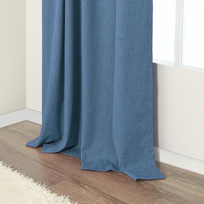 Denim Blue Blackout Curtains & Drapes 84 Inch Length 2 Panels Set Faux Linen 100% Black Out Room Darkening Soundproof Country Blue Curtains for Bedroom Living Room Back Tab Pocket 52x84 Long Drapes