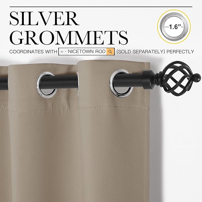 NICETOWN Blackout Curtains & Drapes for Bedroom, Taupe, W34 x L48, Set of 2, Triple Weave Grommet Top Thermal Insulated Light Blocking Panels for Bathroom/Living Room