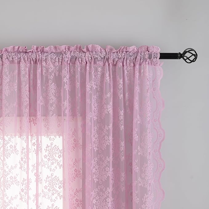 YJ YANJUN Vintage Lace Curtains 108 Inch Long-Victorian Floral Pattern Lilac Sheer Curtain Panels for Living Room Bedroom,Light Filtering, Cute Girls Drapes 2 Panels 52W x 108L Purple Blush