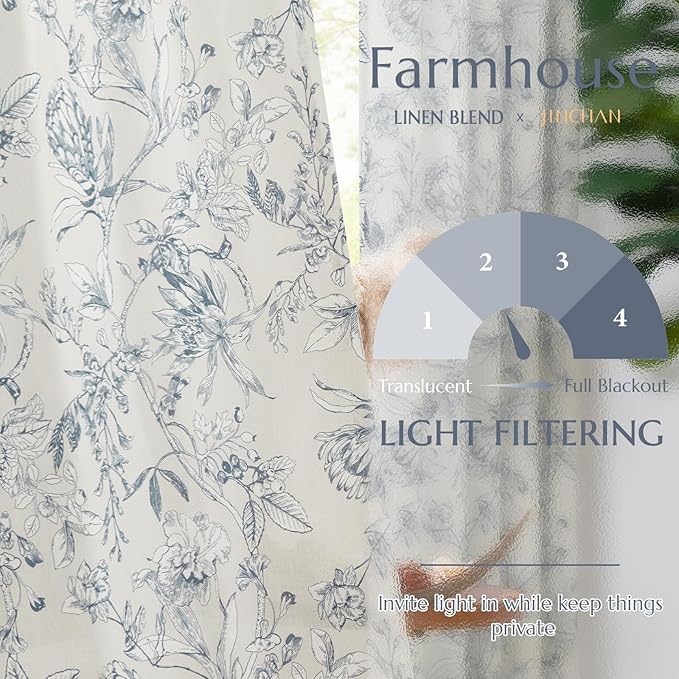 jinchan Floral Curtains 90 Inch Length Blue Flower Linen Farmhouse Curtain for Living Room French Country Vintage Curtain Rod Pocket Curtains Set 2 Panels Blue Floral Printed