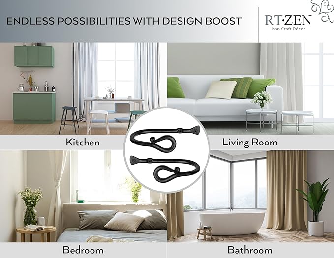 RTZEN Decorative Metal Curtain Tiebacks - Farmhouse Wrought Iron Curtain Holdbacks - Drapery Holders for Wall - Unique Metal Tie Backs for Curtains - 2 Pcs (Black Loophole)