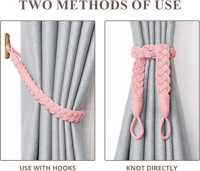 NICEEC 4 Pack Natural Cotton Rope Curtain Tiebacks Elegant Boho Style Decorative Drape Tie Backs Soft Hand-Woven Rope Curtain Holdbacks with Metal Hook for Home & Office Drapery (Pink)