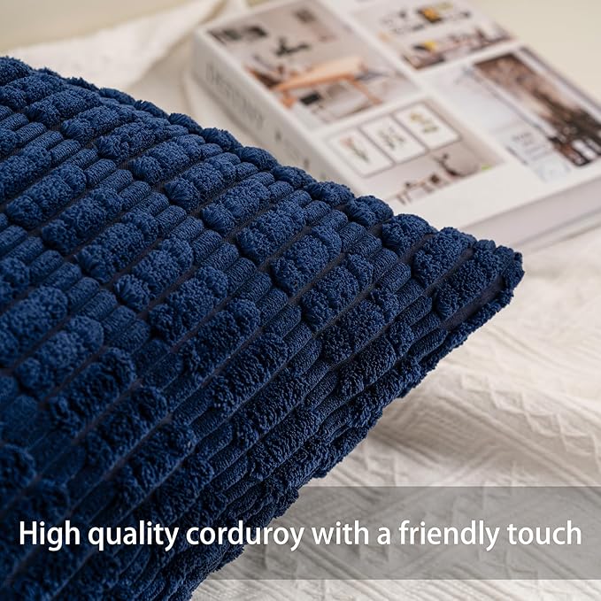 Pack of 2 Corduroy Decorative Throw Pillow Covers 16x16 Inch Soft Striped Pillow Covers Modern Farmhouse Home Decor for Sofa Living Room Couch Bed（Blue）