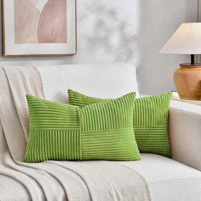 Fancy Homi Set of 2 Lime Green Lumbar Decorative Throw Pillow Covers 14x24 Inch for Couch Bed, Modern Farmhouse Boho Home Decor, Soft Striped Corduroy Rectangle Accent Cushion Case 35x60 cm