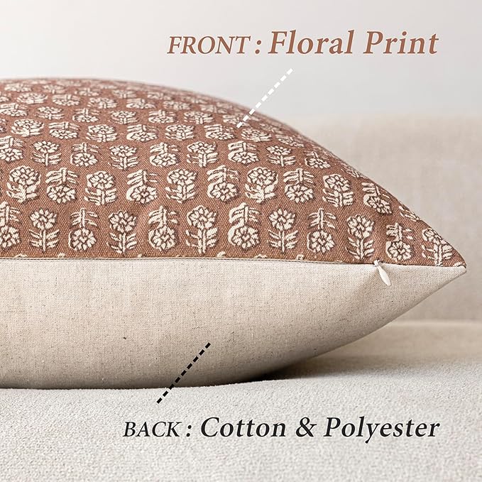 Foindtower Set of 2 Decorative Vintage Floral Print Throw Pillow Covers Neutral Farmhouse Cushion Covers Boho Home Decor for Sofa Couch Chair Bedroom Living Room,22×22 Inch,Light Orange Brown