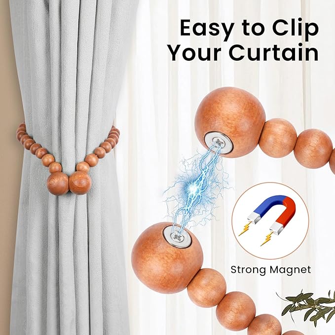 KLOGTSIND Magnetic Curtain Tiebacks, Curtain Tie Backs for Curtains 4 Pack, Wood Bead Curtain Tiebacks, Curtain Holders for Boho Bedroom Decor, Baby Nursery Decor, Farmhouse Decor