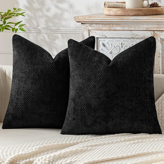 MIULEE Pack of 2 Couch Throw Pillow Covers 18x18 Inch Black Modern Boho Accent Decorative Pillow Covers Soft Chenille Farmhouse Cushion Covers for Home Decor Bed Sofa Living Room