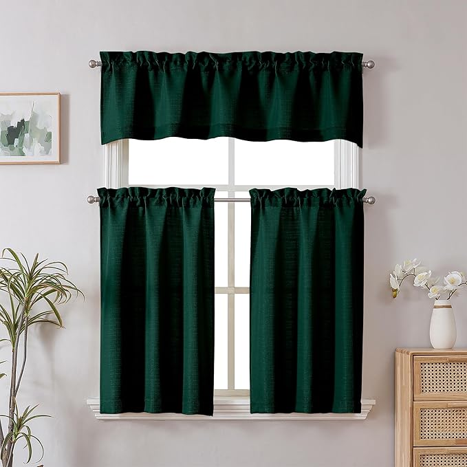 Chyhomenyc Hunter Green Valance for Windows, Light Filtering Faux Linen Textured Small Short Valance for Kitchen Bathroom Laundry Basement, Solid Rod Pocket Top Window Curtain, 60Wx14L inch, 1 Piece