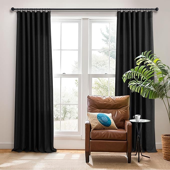 Pitalk Black Linen Curtains 90 Inches Long for Dining Room 2 Panels Pair Back Tab Pocket Modern Drapes Lace Muslin Textured Semi Sheer Curtains for Bedroom Gaming Dorm Office Wedding Party Decoration