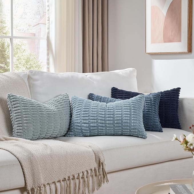 Fancy Homi Set of 4 Blue Lumbar Rectangle Decorative Throw Pillow Covers 16x24 Inch for Couch Bed Chair, Aesthetic Boho Room Decor, Soft Fuzzy Thick Corduroy Textured Coastal Blue Cushion Case 40x60cm