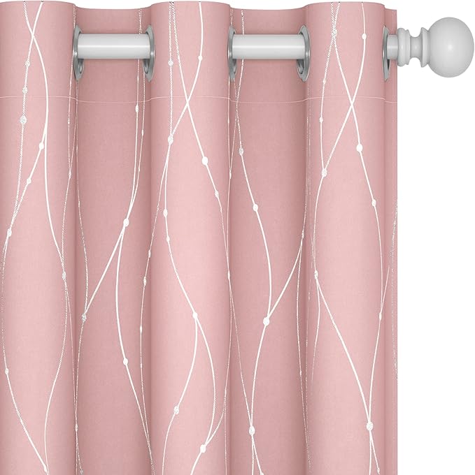 Deconovo Pink Blackout Curtains for Bedroom, Thermal Insulated Soundproof Pravicy Curtain, Silver Wave Dots Print, 42 x 84 Inch Long, Machine Washable Window Panels for Kids Room Nursery, Set of 2