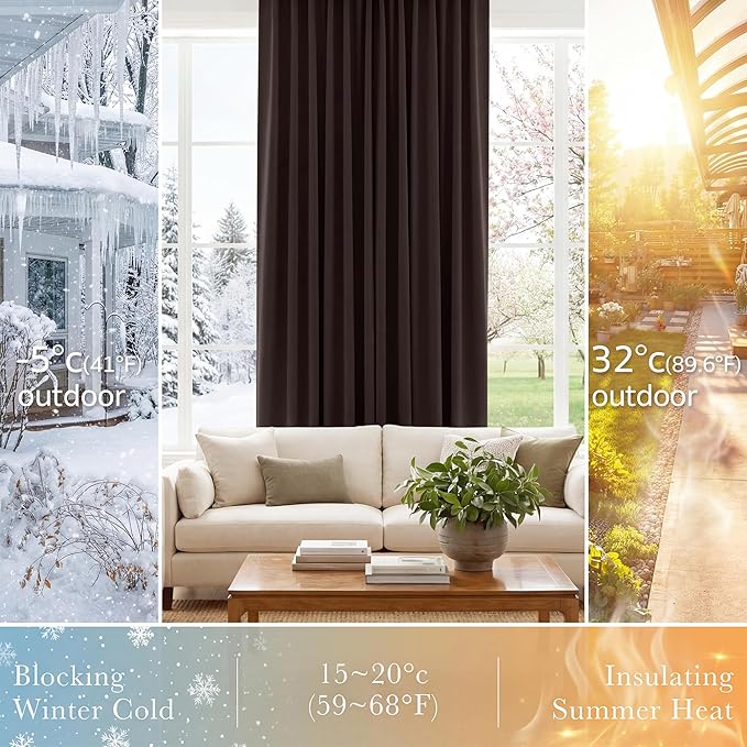 PONY DANCE Blackout Curtains Draperies - Window Treatments Thermal Insulated Back Tab/Rod Pocket Drapes for Small Window, W 52 by L 45 inch Per Panel, Brown, Set of 2 Pieces