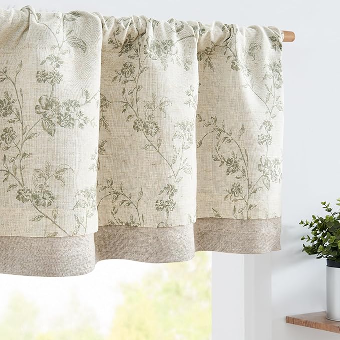 jinchan Linen Valance Curtains for Windows 16 Inch Christmas Decorations Floral Double Layer Kitchen Valance Living Room Darkening Cottagecore Farmhouse Flower Window Treatment 1 Panel Green on Linen