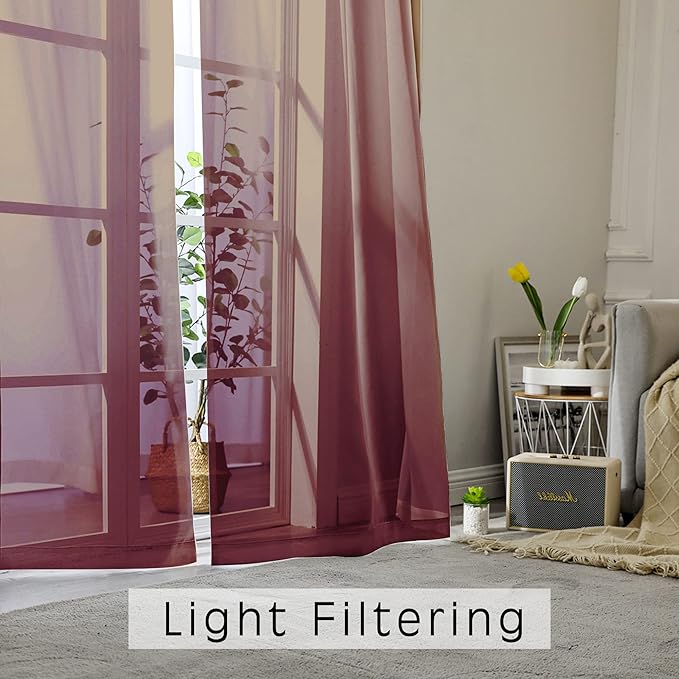 OWENIE Sheer Curtains 54 inches Long 2 Panels Set, Rod Pocket Curtain Sheers for Living Room/Bedroom, Light Filtering Voile Panels Drapes Small Window Treatments, 42" W x 54" L, Burgundy Red