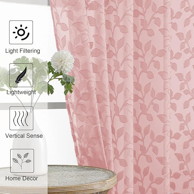 Chyhomenyc Blush Pink Sheer Curtains 24 Inch Length, Light Filtering Leaf Tufted Textured Small Window Kitchen Curtain Over Sink, Short Half Window Curtains for Bathroom Basement, 30"Wx24"L, 2 Panels