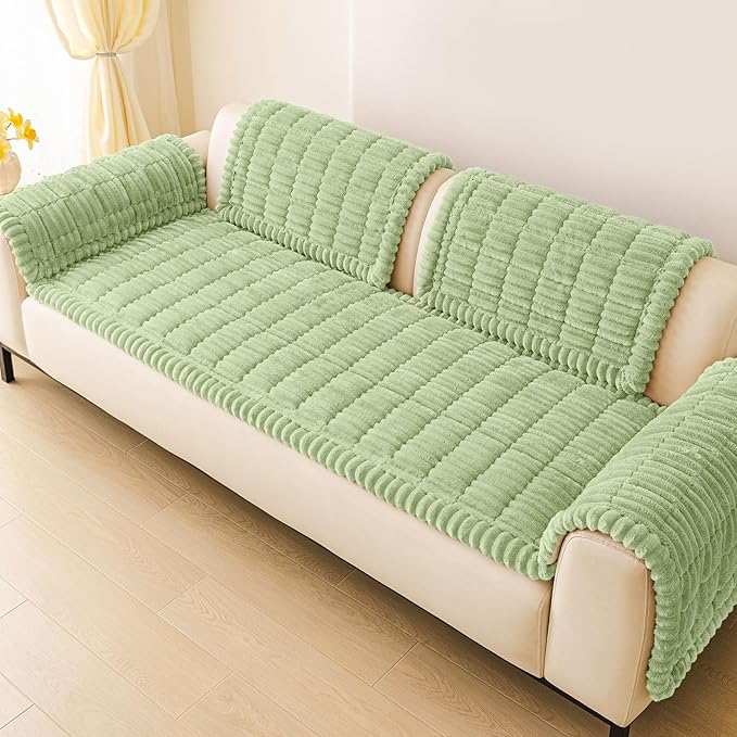 hyha Couch Covers for Dogs Washable, Non Slip Plush Dog Sofa Protectors, Fuzzy Pet Couch Covers for 3 Cushion Sofa Pet Friendly (Green, 27.6" x 82.7")