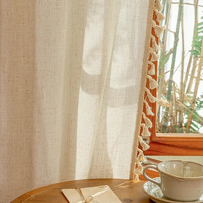 MYSKY HOME Bohemian Linen Sheer Macrame Curtains 72 Inch Length, Back Tab Country Farmhouse Light Filtering Privacy Short Drapes for Bedroom Living Room, 50" W×72" L, Linen, 2 Panels