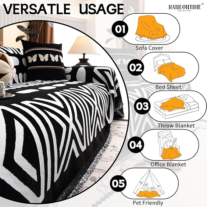 HANDONTIME Boho Couch Cover Blanket Geometric Striped Pet Covers for Couches and Sofas Black and White Dog Cover for Couch Pet Friendly Chenille Sectional Sofa Covers for Pets Washable, 71" X 150"