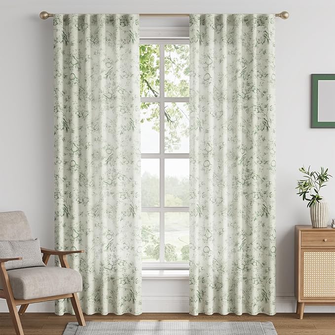 jinchan Linen Floral Curtains for Living Room 84 Inch Long Sage Green Printed Flower French Country Curtain Farmhouse Cottage Core Toile Curtains Back Tab Light Filtering Window Drapes Set 2 Panels