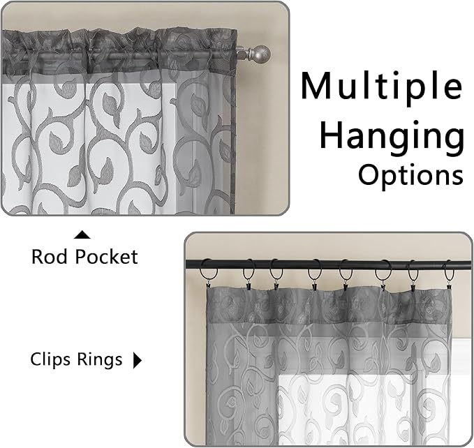 OWENIE Furman Sheer Curtains 45 Inch Long 2 Panels Set, Airy Jacquard Clip Short Voile Curtains for Kitchen Dinning Room Small Windows Bedroom Living Room, Top Dual Rod Pocket, Grey, 28Wx45L inch