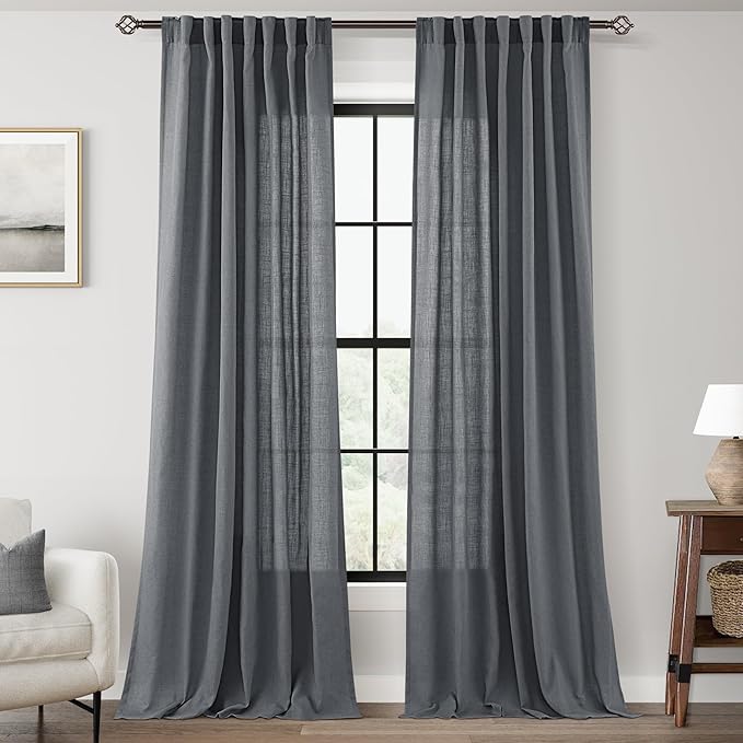 Dark Gray Curtains for Living Room Back Tab Modern Farmhouse Semi Sheer Gray Curtains 108 inches Long 2 Panels Set Muted Neutral Window Curtain for Dining Room Bedroom 52x108