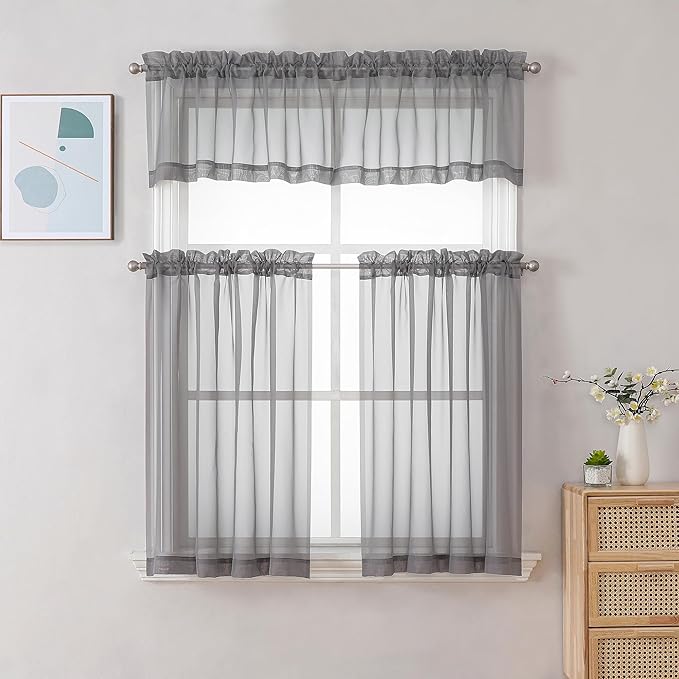 Gwine Charcoal Grey Sheer Curtain Tiers 24 Inch Length, Light Filtering Voile Short Curtain for Living Room Bedroom, Rod Pocket Cafe Curtains for Small Windows 42x24 Inch, 2PCS