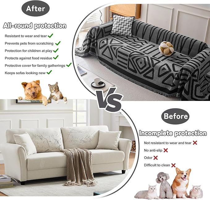 HANDONTIME Boho Geometric Couch Covers for Sofa Pet Friendly Dark Grey and Black Sofa Covers Washable Chenille Couch Blanket Cover for 3 Cushion Couches Pet Protector Furniture Cover Soft, 71" X 134"