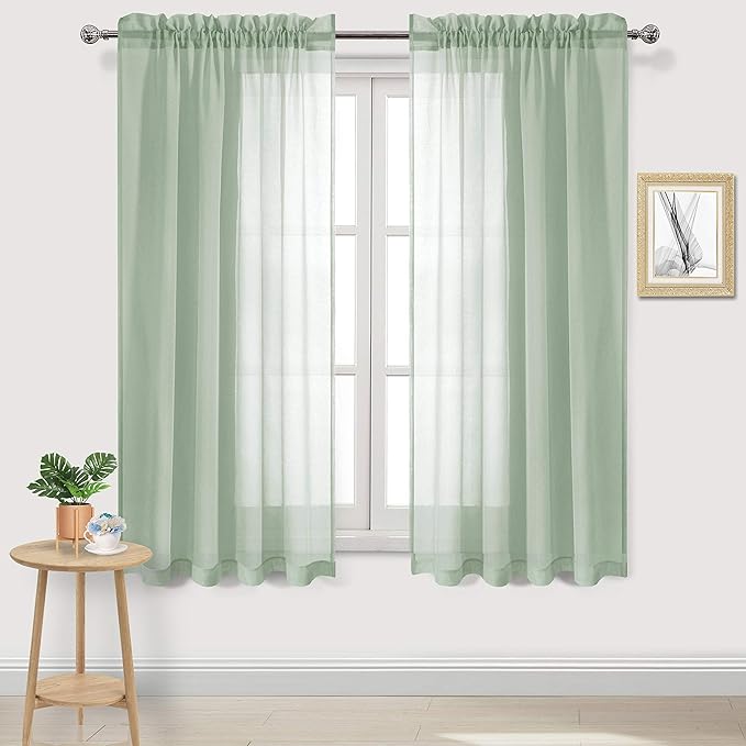 DWCN Bean Green Sheer Curtains Semi Transparent Voile Rod Pocket Curtains for Bedroom and Living Room, 52 x 72 inches Long, Set of 2 Panels