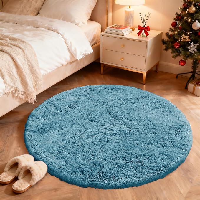OLANLY Slate Blue Round Rugs for Bedroom - Machine Washable, 7 ft Circle Area Rugs for Living Room, Soft and Fluffy Shaggy Carpet for Teen Girl and Boys, Nursery Rooms, Dorms, Home Decor Aesthetic
