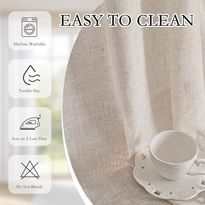 MYSKY HOME Linen French Door Curtains for Door Window 72 Inch Length 2 Panels Semi Sheer Light Filtering Curtain for Bedroom Window Glass Rod Pocket for Kitchen Dining Room, Natural Linen, 26" Wide