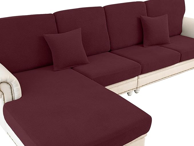 Couch Cushion Covers for Sectional Sofa L Shape Washable Separate Seat Chaise Couch Cover Stretch Sofa Slipcovers with 2 Pcs Pillowcases(2 Seater + 1 Chaise, Burgundy)