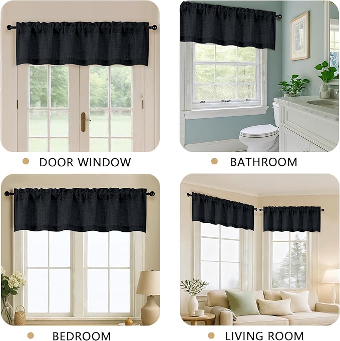 OVZME Black Valance for Windows, Light Filtering Faux Linen Textured Small Kitchen Valances for Windows, Dual Rod Pocket Farmhouse Short Curtain for Bathroom Basement, 60Wx20L inch, 1 Piece