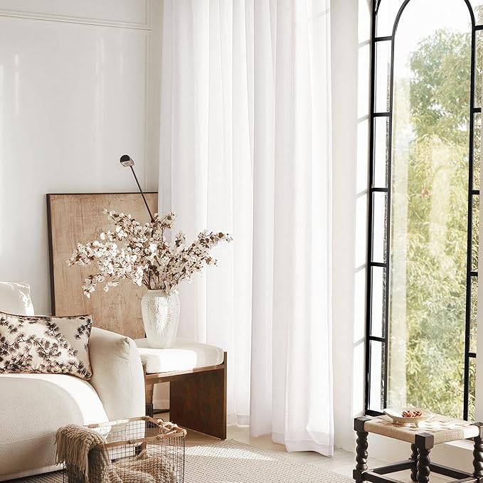 Linen White Curtains 84 inches Long for Bedroom Loop Pocket Privacy Light Filtering Semi Sheer White Boho Farmhouse Curtain Drapes Cotton Textured Modern Elegant Coastal Living Room Decor 60x84