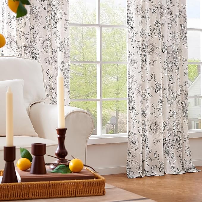 jinchan Linen Blend Curtain Floral Curtains for Living Room 96 Inch Length Black Printed Curtain Rod Pocket Back Tab Farmhouse Peony Flower Patterned Drapes Bedroom Window Curtains Set 2 Panels