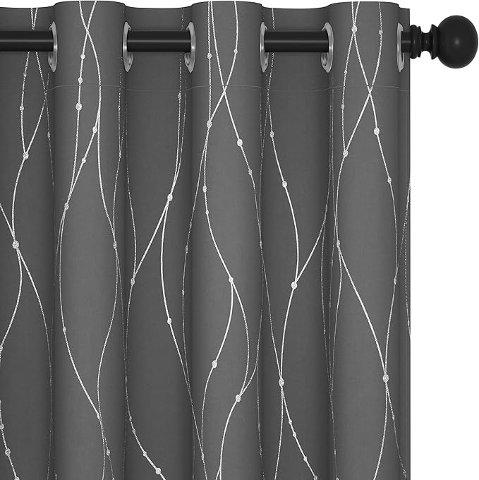 Deconovo Blackout Curtains, Grey Curtain, Thermal Insulated Soundproof Curtain Drapes, Wave Dot Foil Print, 52 x 84 Inch, 2 Panels, Machine‑Washable Privacy Window Drape for Bedroom Living Room Office
