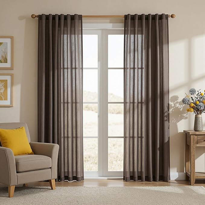 MYSKY HOME Dark Brown Curtains for Beroom Liivng Room 84 Inch Length 2 Panels Set, Semi Sheer Soft Touch Light Filtering Drapes for Sliding Glass Door Farmhouse Boho Curtain, 50" Wide, 2 PCs