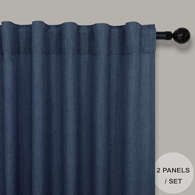 Navy Blue Curtains 63 Inch Length for Boys Room 2 Panel Back Tab Pocket Linen Semi Sheer Woven Textured Indigo Dark Blue Curtain for Kids Bedroom Nursery Game Playroom Nautical Farmhouse 52x63 Long