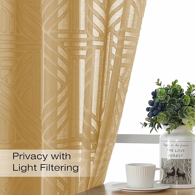 Simplebrand Gold Semi Sheer Curtains 45 Inch Length 2 Panels, Geometric Jacquard Clip Textured Short Sheer Curtains for Bedroom，Modern Elegant Window Curtains Drapes/Treatment Sheer，42x45 inch
