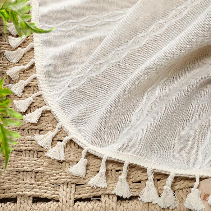 Boho 80% Blackout Curtains with Gray Liner 63 Inches Long 2 Panels Set, Beige Linen Blend Drapes with Tassels and Cotton Embroidered for Living Room Bedroom