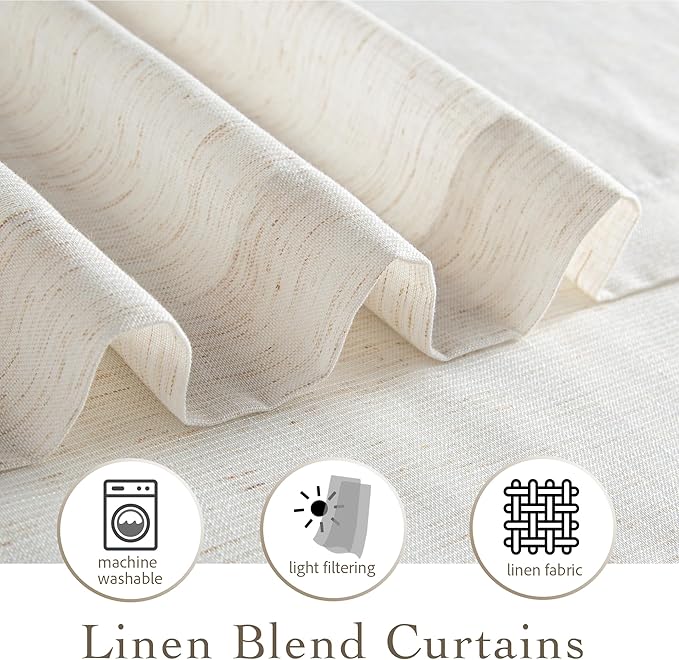 RYB HOME Linen Sheer Curtains Light & Airy Translucent Privacy Protected Vertical Panels for Bedroom Living Room, Rod Pocket & Back Tab, Ivory, W 52 x L 95 inch, 2 Panels