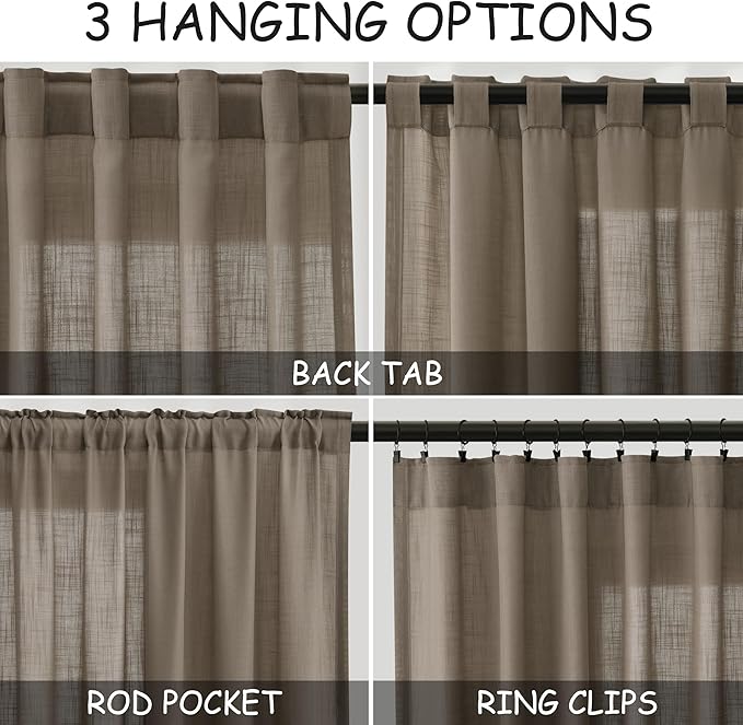 Nanspring Dark Taupe Linen Curtains for Living Room 2 Panels Set Extra Long Back Tab Light Filtering Semi Sheer Curtain Drapes for Bedroom Neutral Farmhouse Ceiling to Floor for Large Window 52x100