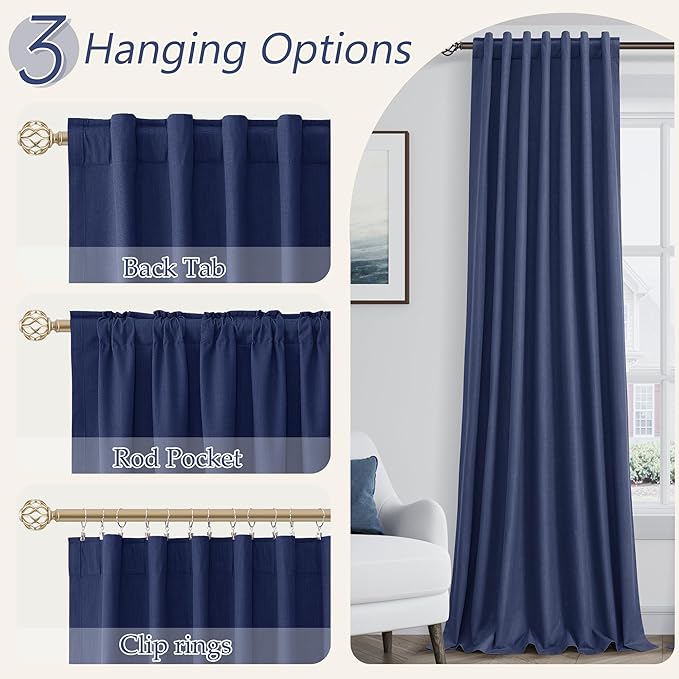 Guken Classic Blue 100% Blackout Linen Curtains 90 Inch Length 2 Panels Set for Living Room Bedroom Back Tab Rod Pocket Thermal Insulated Black Out Drapes Room Darkening Window Curtains
